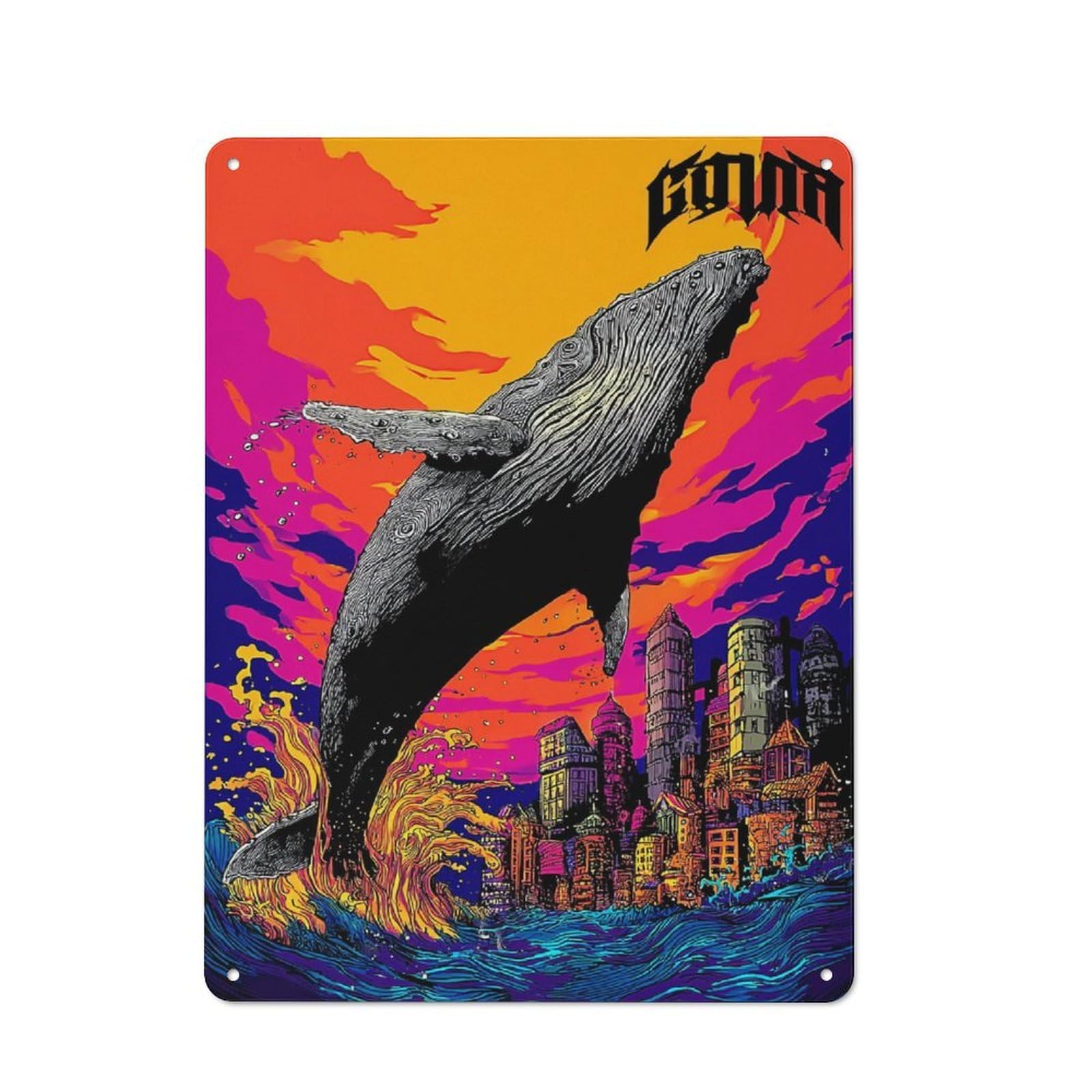 Junmoney Whale Cityscape Urban Surrealism Retro Metal Sign 40X30cm For Living Room Or Hallway, For Updating Living Room And Hallway After Moving