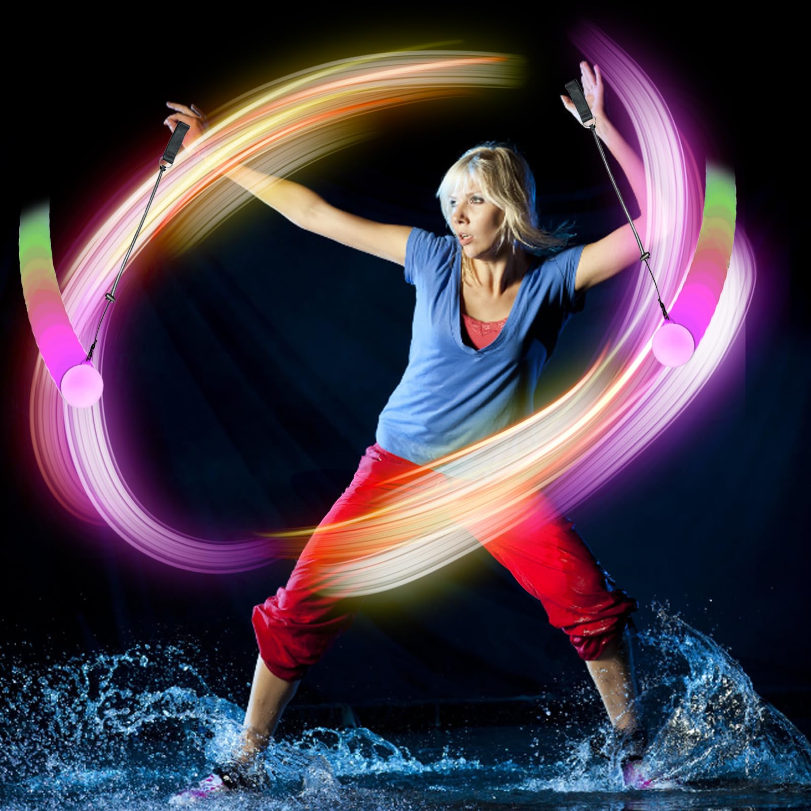 2 Stück LED Poi Bälle, Jonglierbälle Leuchtend, Leuchtball, Led Ball mit Regenbogen Farben und Strobe Effekt, Zirkus Spielzeug, Spinning Set für Erwachsene, Anfänger und Profis