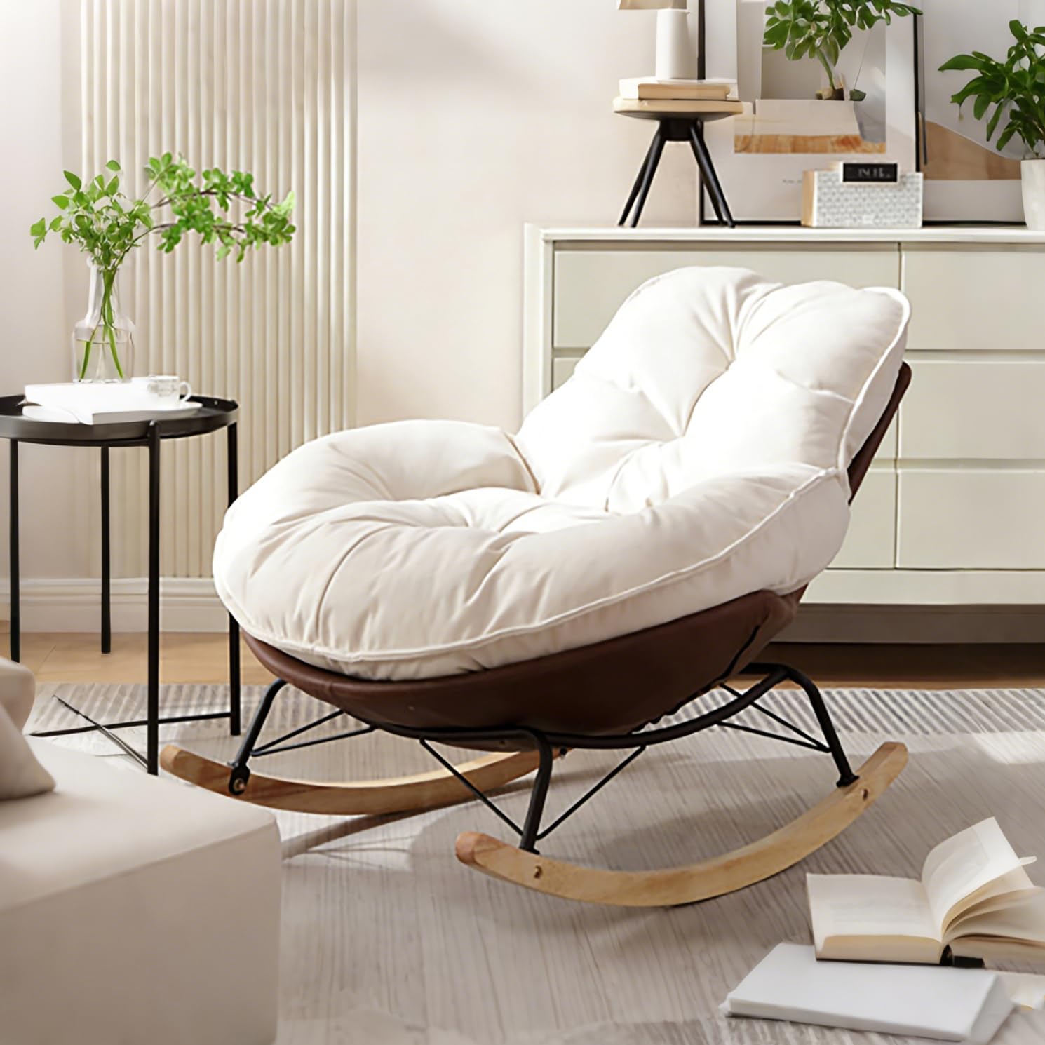 Mecedora, sillón balancín ergonómico, cojín extra grueso y respaldo, sillón moderno para salón y dormitorio, base de madera estable y marco de metal, resistente a las caídas