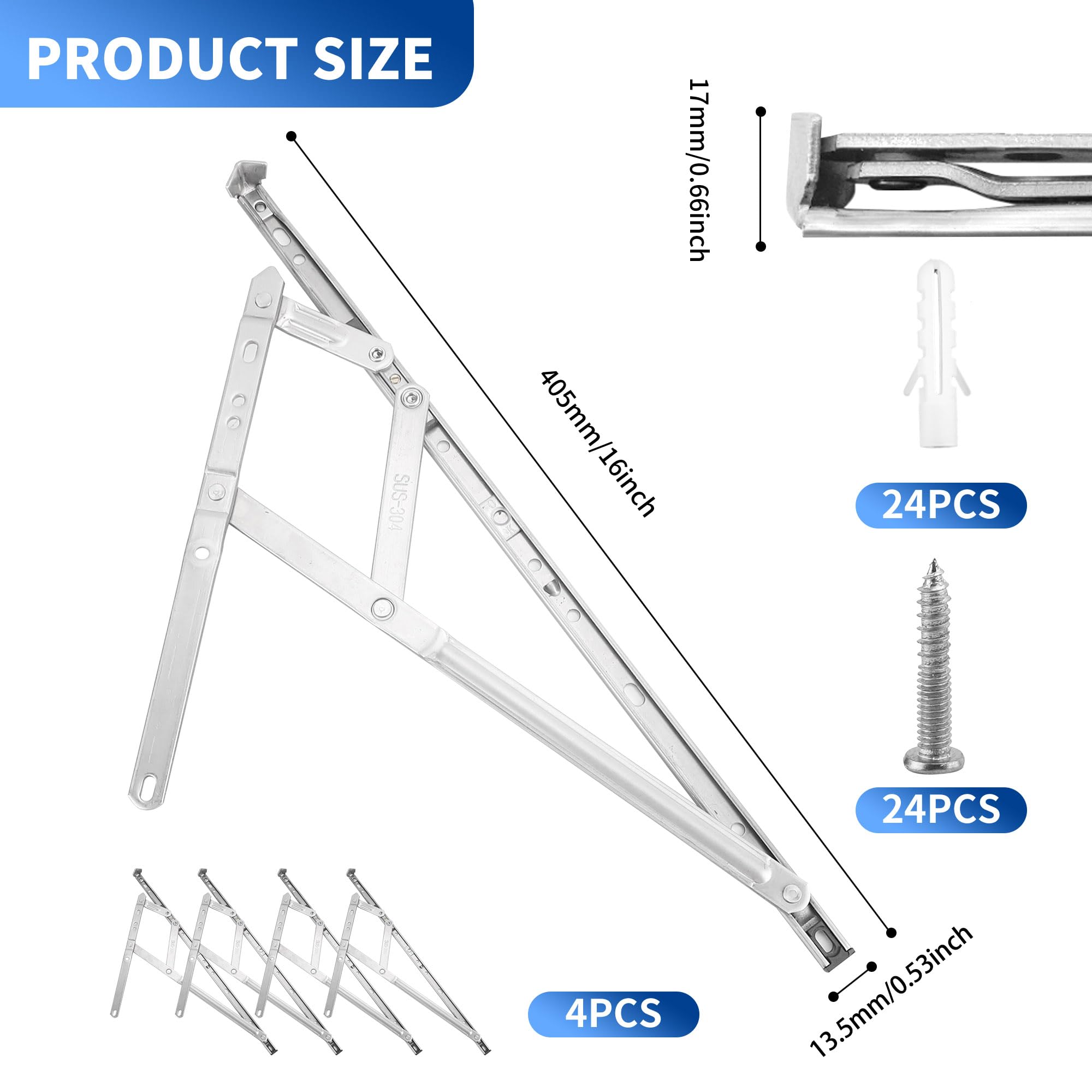 WENLISELL 4 PCS UPVC Window Friction Stay Hinges, 16 inch Top Hung Window Hinge, Side Hung Window Stays 17mm Stack - Image 2
