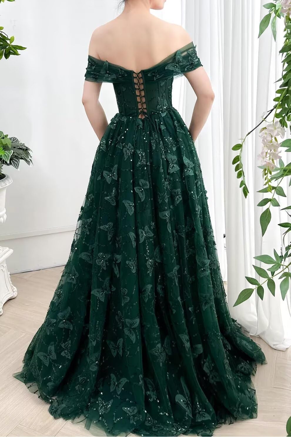 Sparkly Off Shoulder Tulle Prom Dresses with Butterfly Appliques Long A Line Formal Evening Party Gowns for Women - Image 3