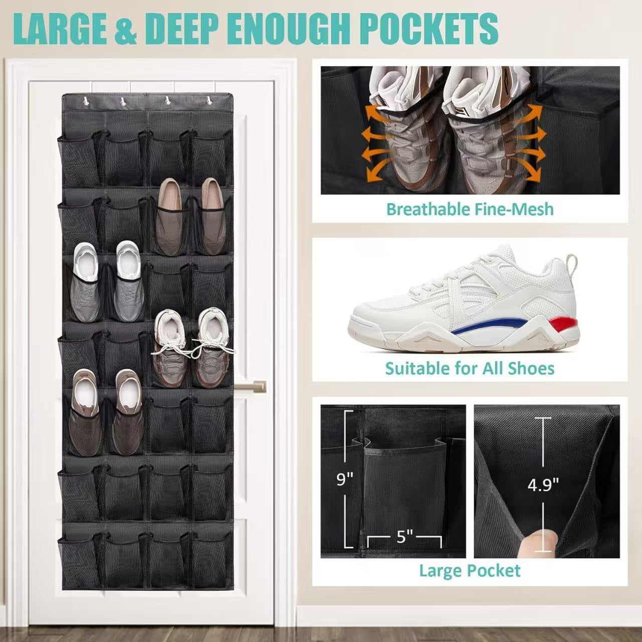 Over The Door Shoe Rack Organizer with Large Mesh Pockets, 24 Pockets for 12+ Shoes, Hanging Closet Storage, SpaceSaving(White 28grids)
