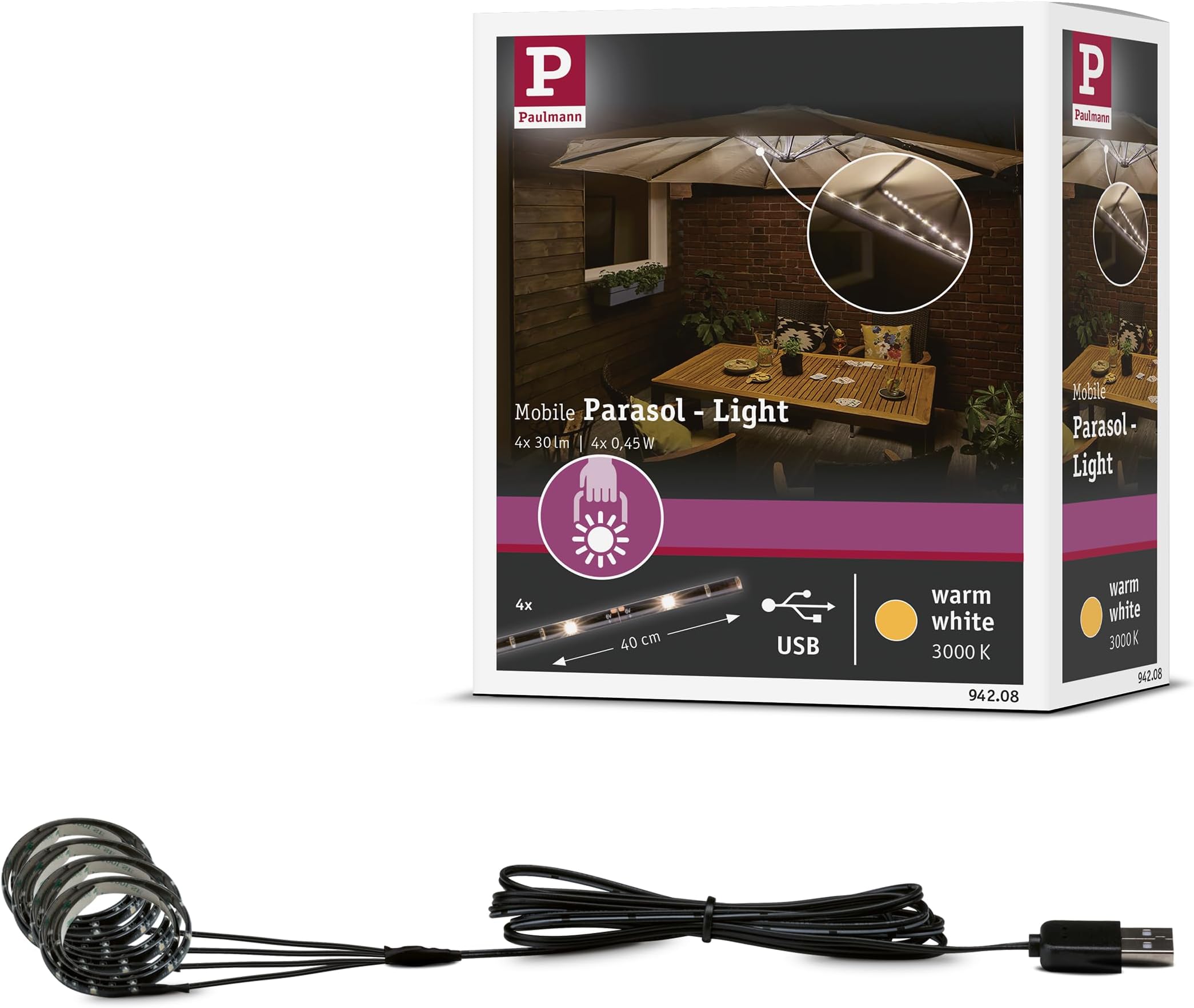 Paulmann 942.08 Outdoor Mobile Parasol Lighting IP44 3000K 4x0.4m Parasol luminaire Decorative luminaire Light Strips LED Strips 94208