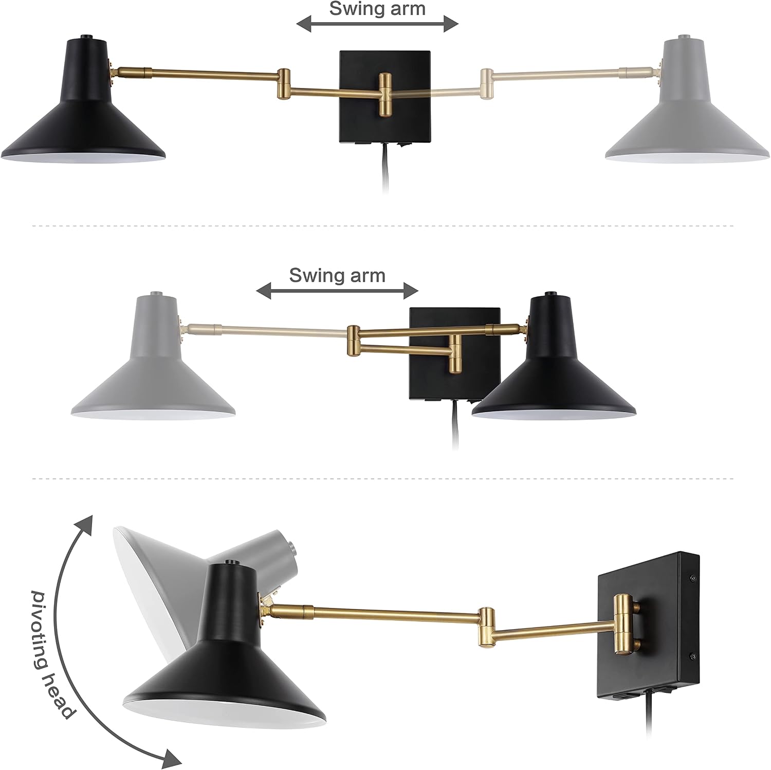 JONATHAN Y 16" Black/Brass Gold 1-Light Modern Swing Arm Sconce with USB Port, Plug-in Midcentury LED Bedside Lamp with White Iron Shade for Bedroom Living Room (JYL1302B)