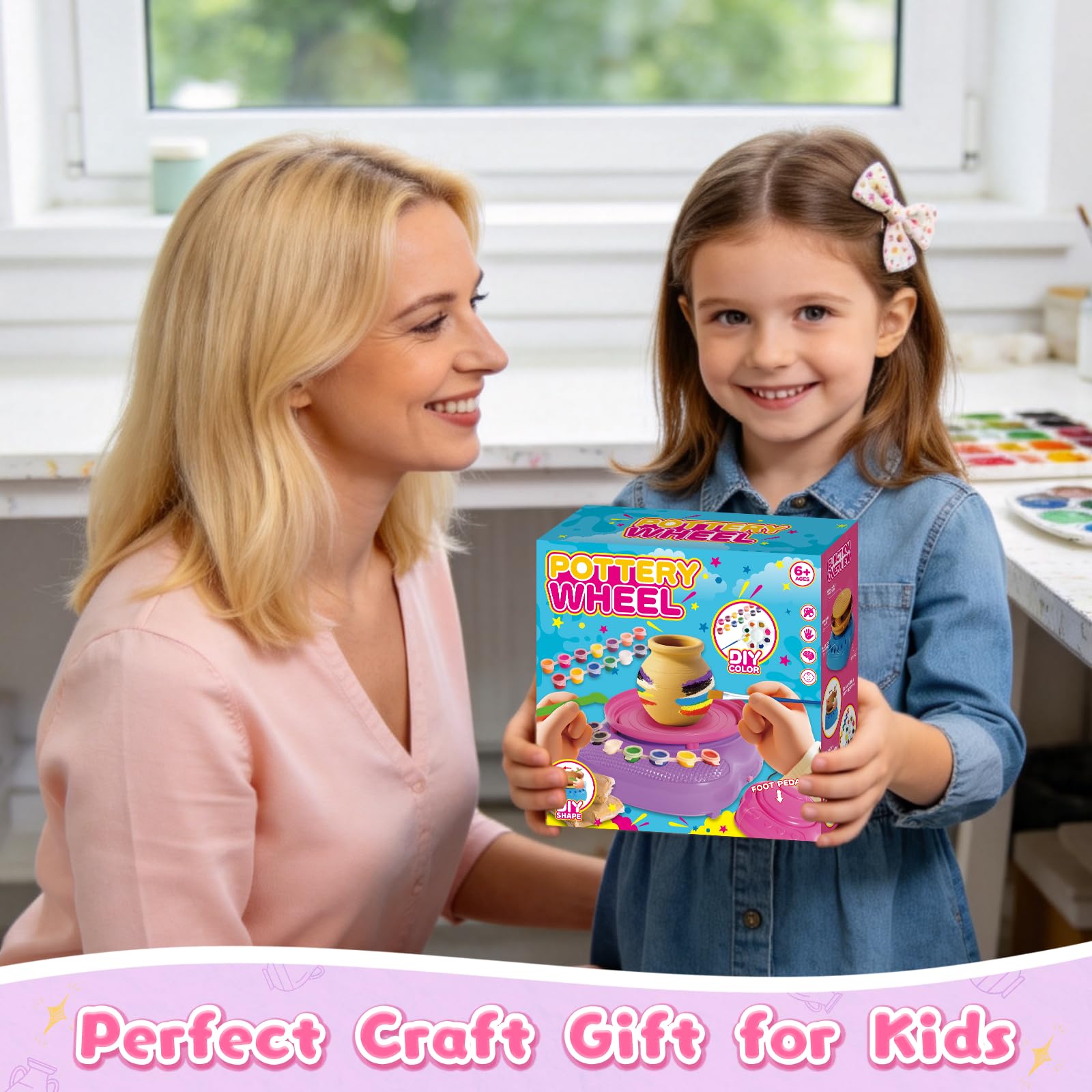 Kit Creativo Bambini 6 7 8 9 10 11 12 Anni - Tornio per Ceramica Bambini con Argilla e Colori, Set Creativo Regalo, Kit Ceramica Argilla Autoindurente Regalo Pasqua Natale Compleanno Bambino Bambina