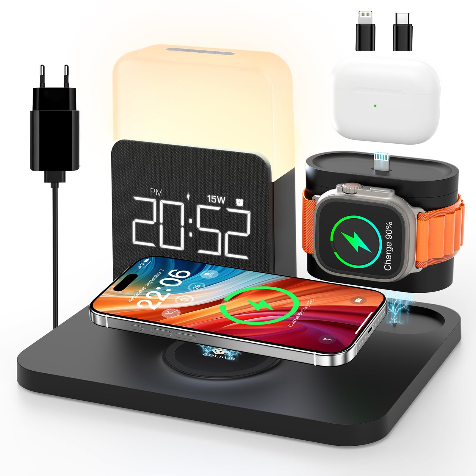 【2025 Upgrade】3 in 1 Caricatore Wireless iPhone Apple Watch AirPods, Caricabatterie per Samsung, Lampada da comodino touch, senza fili, 3 funzioni, sveglia, stazione di ricarica 16/15/14/13 accessori
