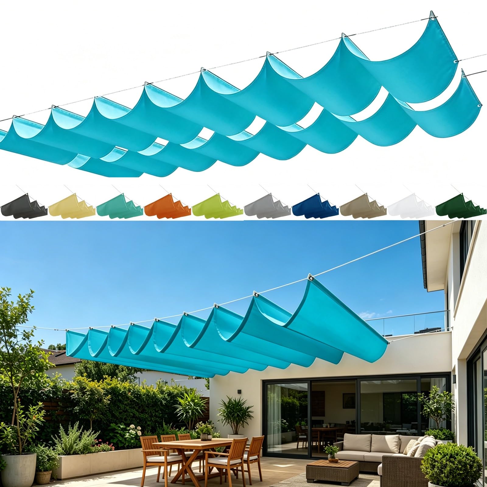 Toldo Retráctil de Onda 350 x 650 cm con Ojales y Cuerda, Vela Sombra Impermeable y Rectangular con Bloqueo UV y Resistencia a Desgarros para Jardín Porche Patio Barbacoa, Azul Cielo