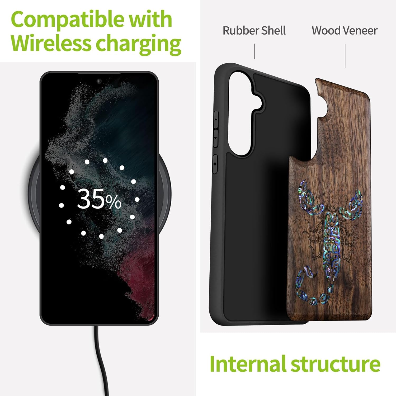 Carveit Designer Wooden Case for Samsung Galaxy S23 FE Cover [Wood Engraving & Shell Inlay] Compatible with Wireless Chargers S23 FE Case (Scorpion Tribal-Walnut)
