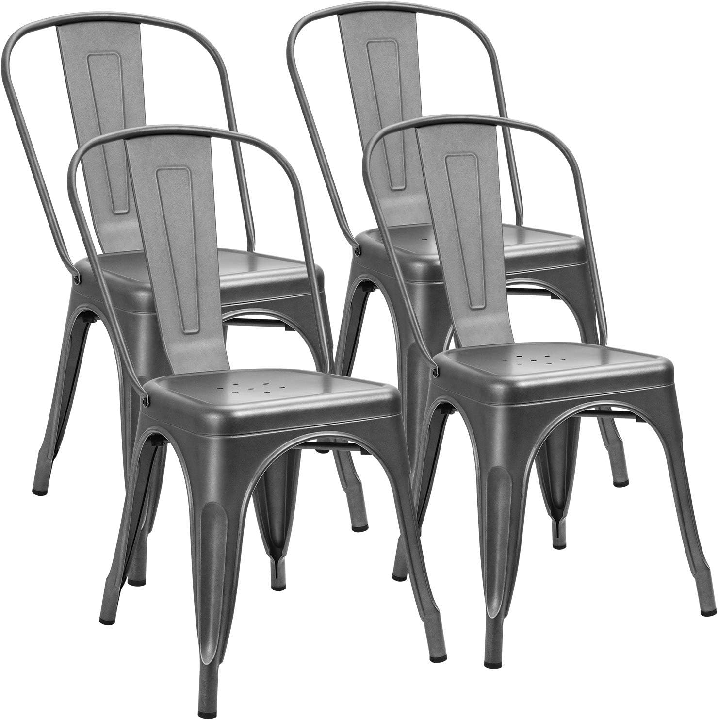 FurniwellMetal Dining Chairs Indoor-Outdoor Use Stackable Kitchen Chair Trattoria Side Chic Dining Bistro Cafe Chairs with Back Set of 4 (Grey)