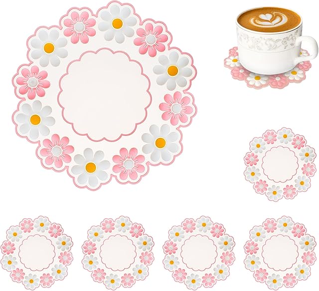 Conisy Flower Coasters for Drinks, 6 Pcs Cute Non-Slip Washable Reusable Heat Resistant Silicone Coaster (Small Flower,Pink)