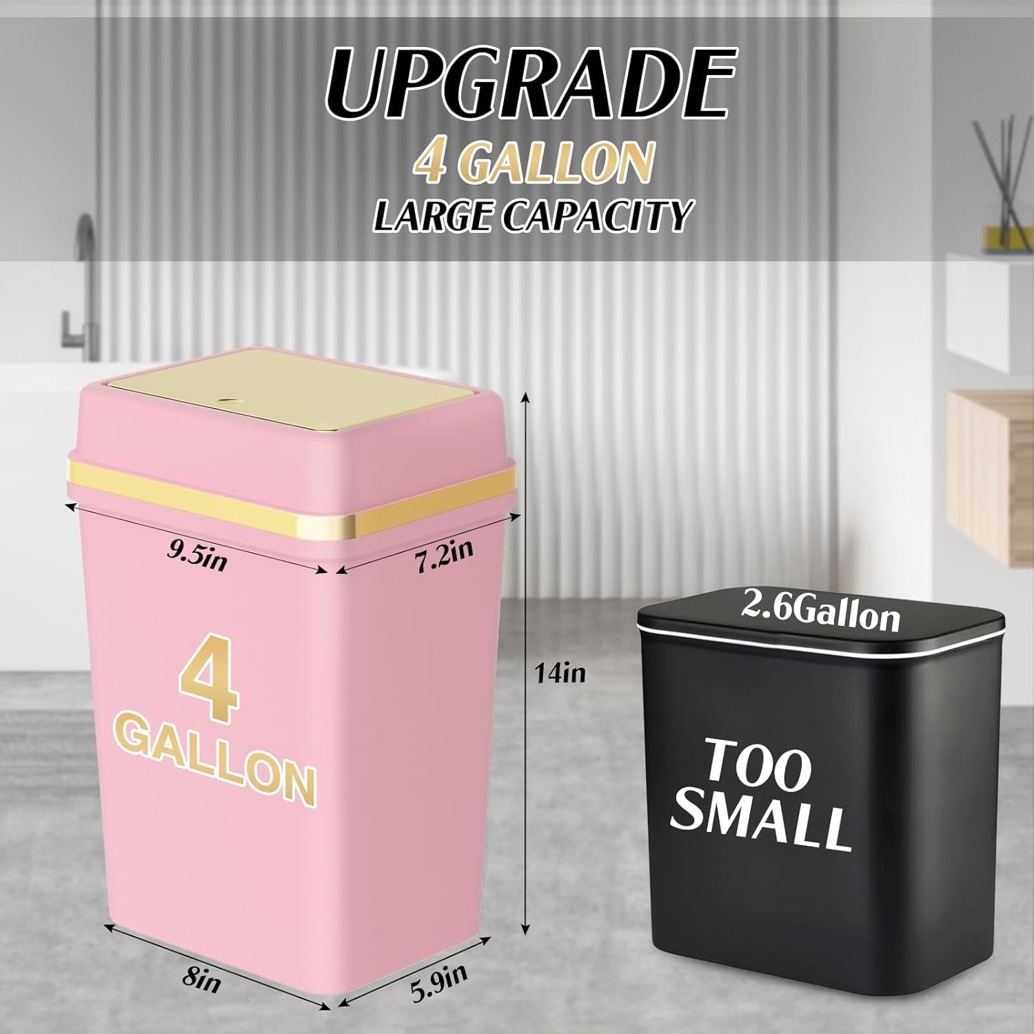 Bathroom Trash Can with Lid 4 Gallon Pink Trash Can with Press Top Lid Bedroom Trash Can Small Garbage Can with 150 Counts Trash Bags for Small Bathroom Bedroom Office