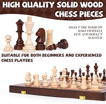 Magnetic Chess Set, 15 Inch Wooden Chess Set with Storage, Folding Travel Chess Set with Strong Magnetic Pieces, Tournament Chess Board, Portable Chess Set with 2 Extra Queens for Adults & Kids