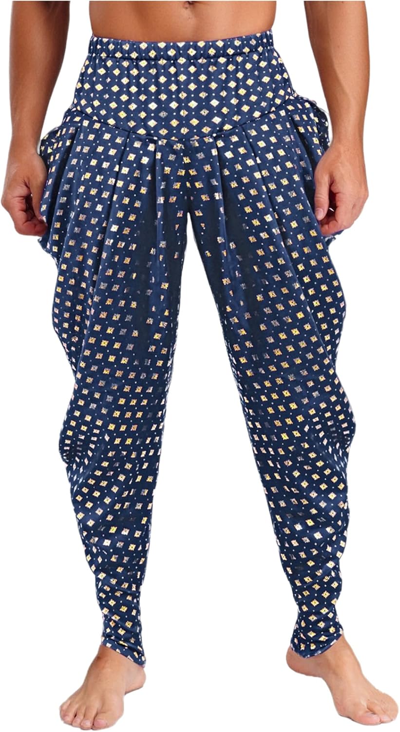 Mens Harem Pants Satin Dhoti Yoga Beach Baggy Trousers Metallic Floral Printed Boho Hippie Pants