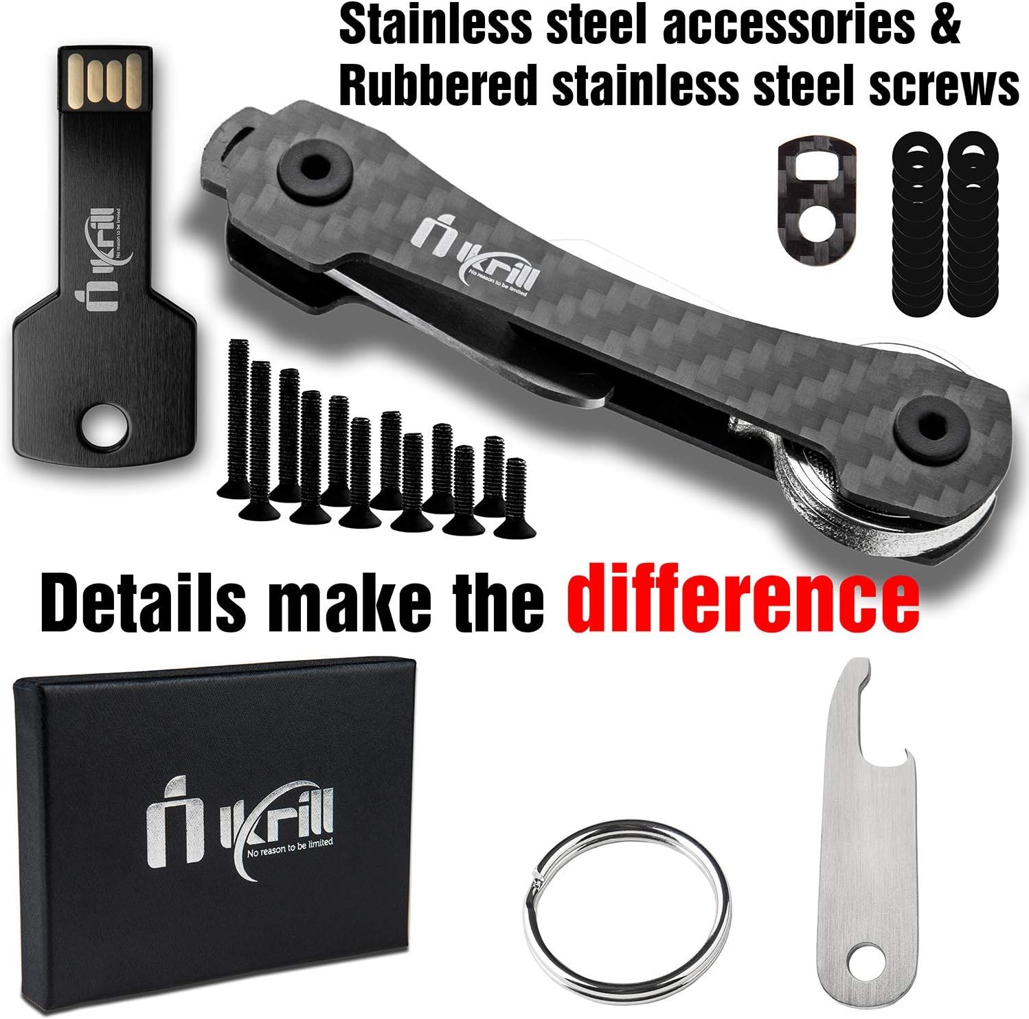 Ikrill Compact Key Holder - Organizer, Carbon Fiber-Keychain, Smart Key with Stailnless Steel Carabiner, Bottle Opener & more– Key Stick -up to14 Keys