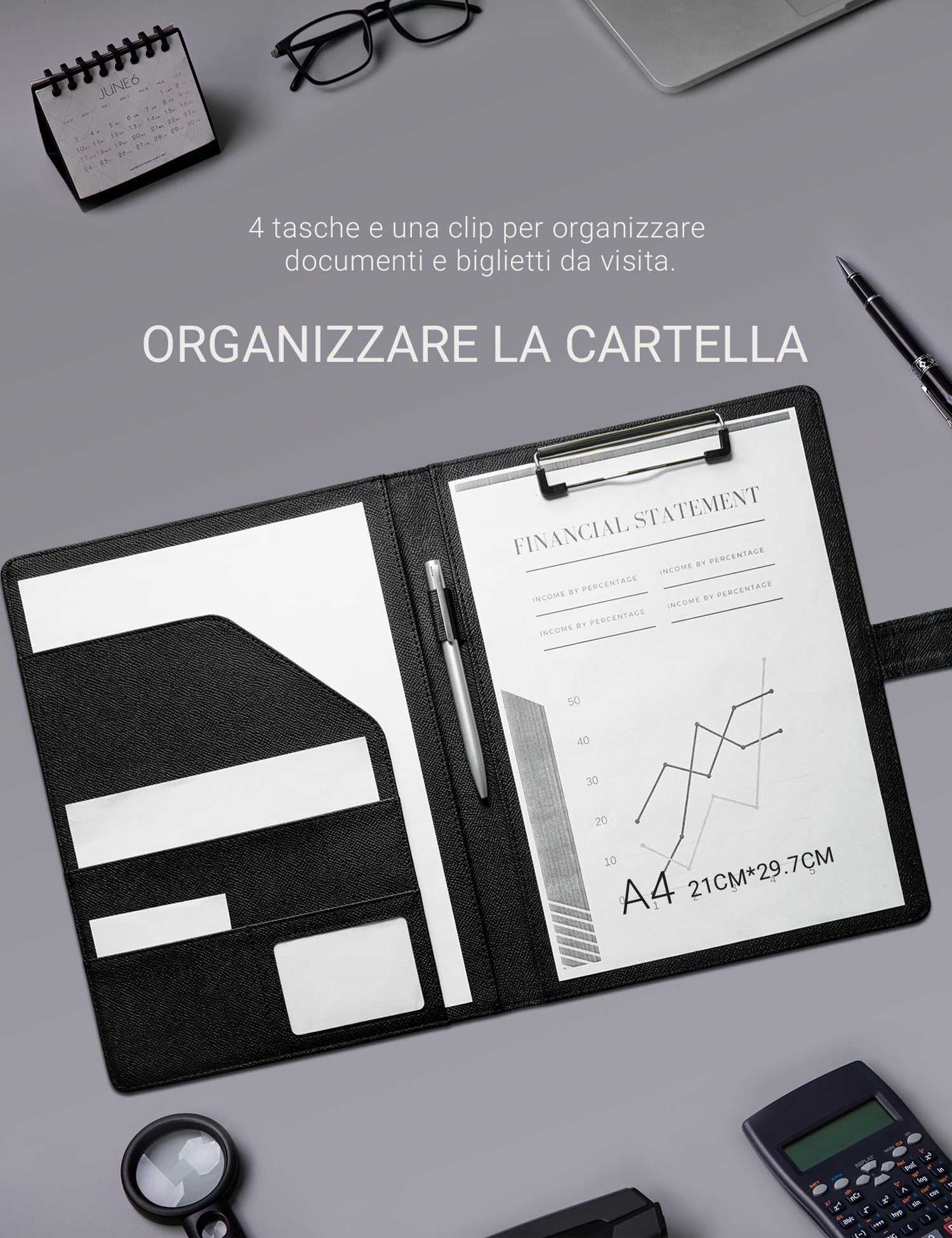 Mymazn Cartella Portadocumenti A4 Pu Pelle Portablocco con Pinza Porta Documenti A4 Blocco Appunti Folio Document Organizer (Stampa Palma Nero)