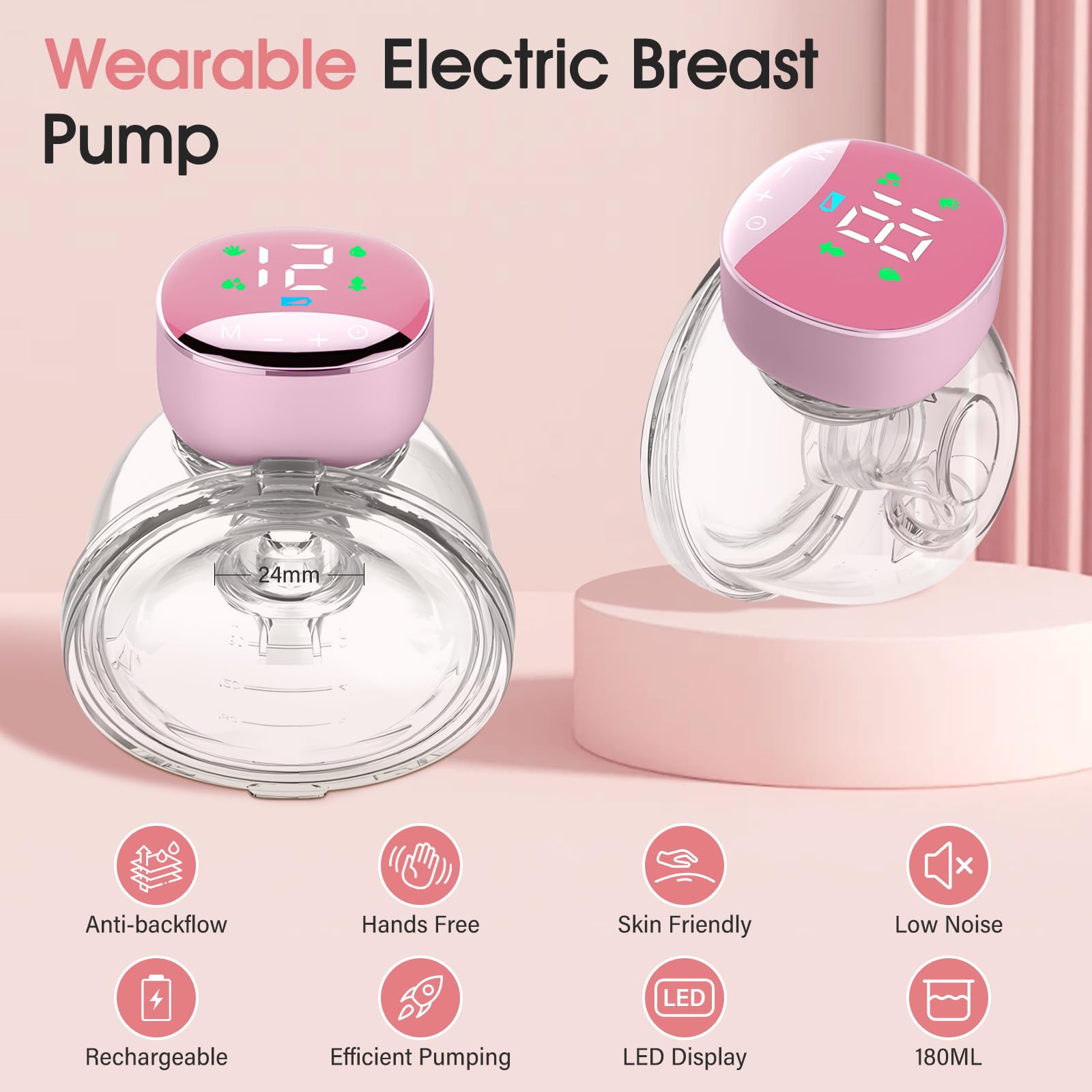 Tiralatte Indossabile a Mani Libere, Tiralatte Elettrico con 4 Modalità e 12 Livelli di Aspirazione, Tiralatte Portatile Intelligente con Display a LED, 180ML, Flangia da 24mm, Silenzioso