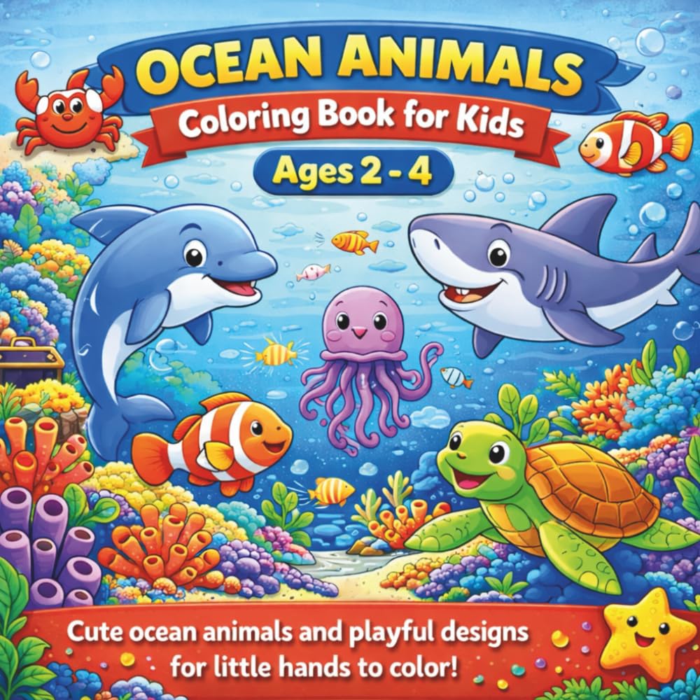 Ocean Animals Coloring Book for Kids Ages 2–4: Simple and Easy Sea Creatures Coloring Pages for Preschool Kids | Big Bold Designs for Little Hands | 8.5 x 8.5 Beginner Coloring Book