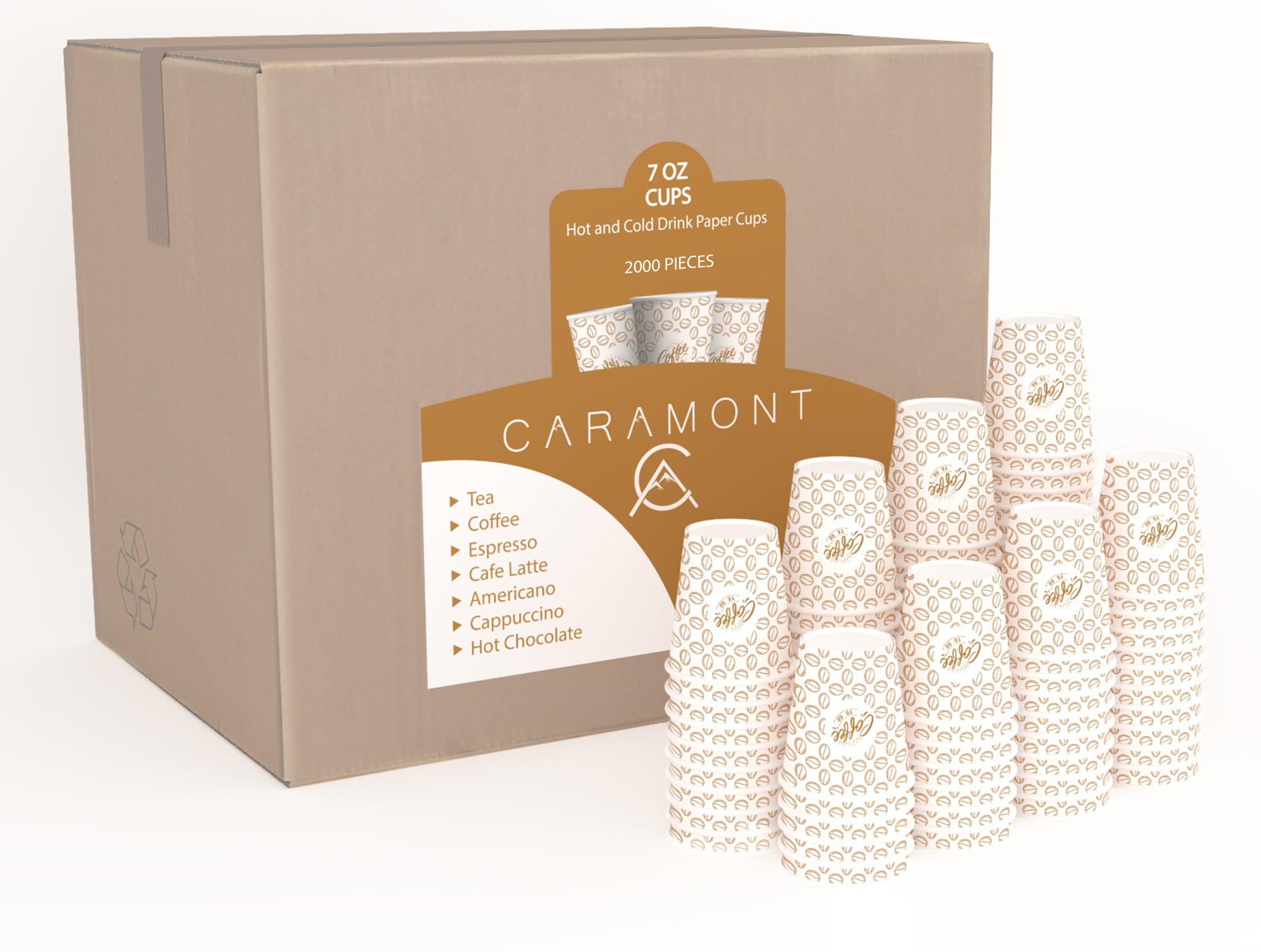 Caramont, 7 Oz 2000 kartonowych kubków, jednorazowe, odporne na ciepło, do zimnego i gorącego napoju z wysokiej jakości kartonu, idealne do kawy, herbaty, urodzin itp. (2000)