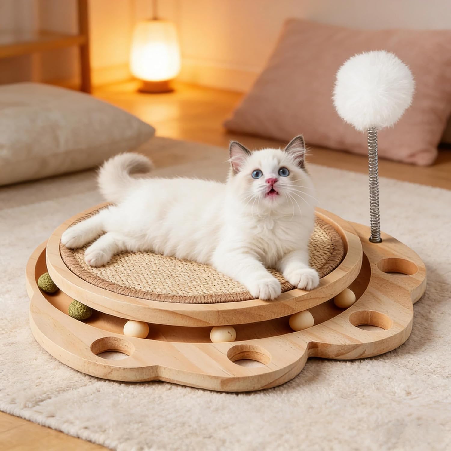 3-in-1 Cat Scratcher Board & Activity Center with Sisal Scratching Pad, Ball Track & Spring Toy, Interactive Cat Furniture for Indoor Cats