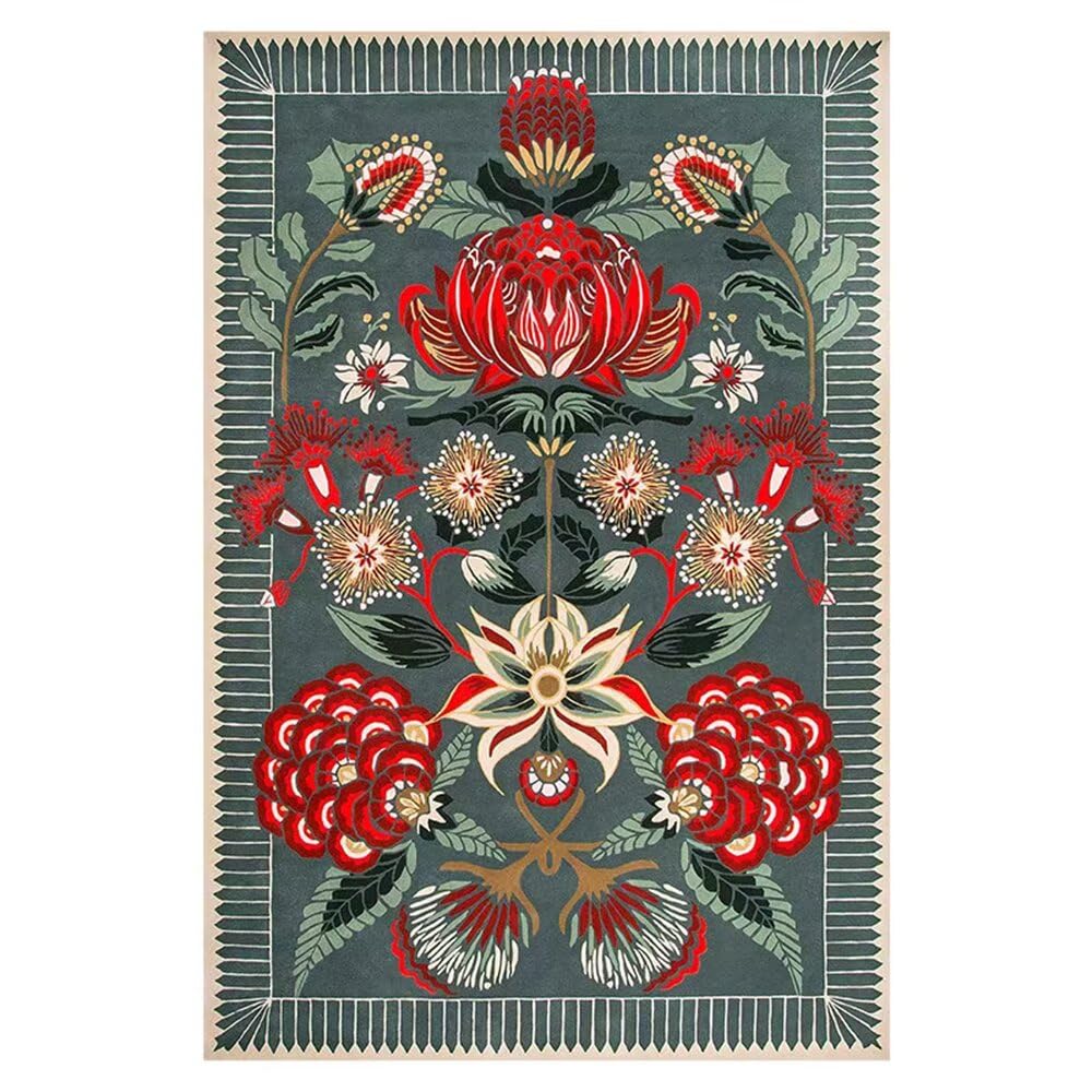 Tapis rectangle 80x160cm rouge imprimé plantes lavable pour chambre ado et salon