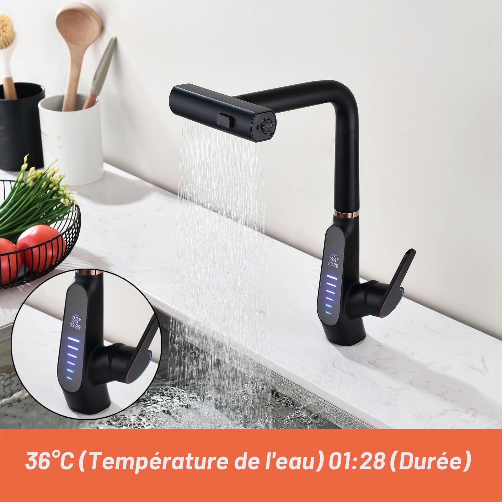 Robinet de Cuisine Extractible, Affichage Numérique LED, Cascade, 3 Modes de Débit d'eau, Pivotant à 360° Mitigeur Cuisine Robinet, Mitigeur Cuisine à Poignée Unique, 59A Cuivre (Noir)