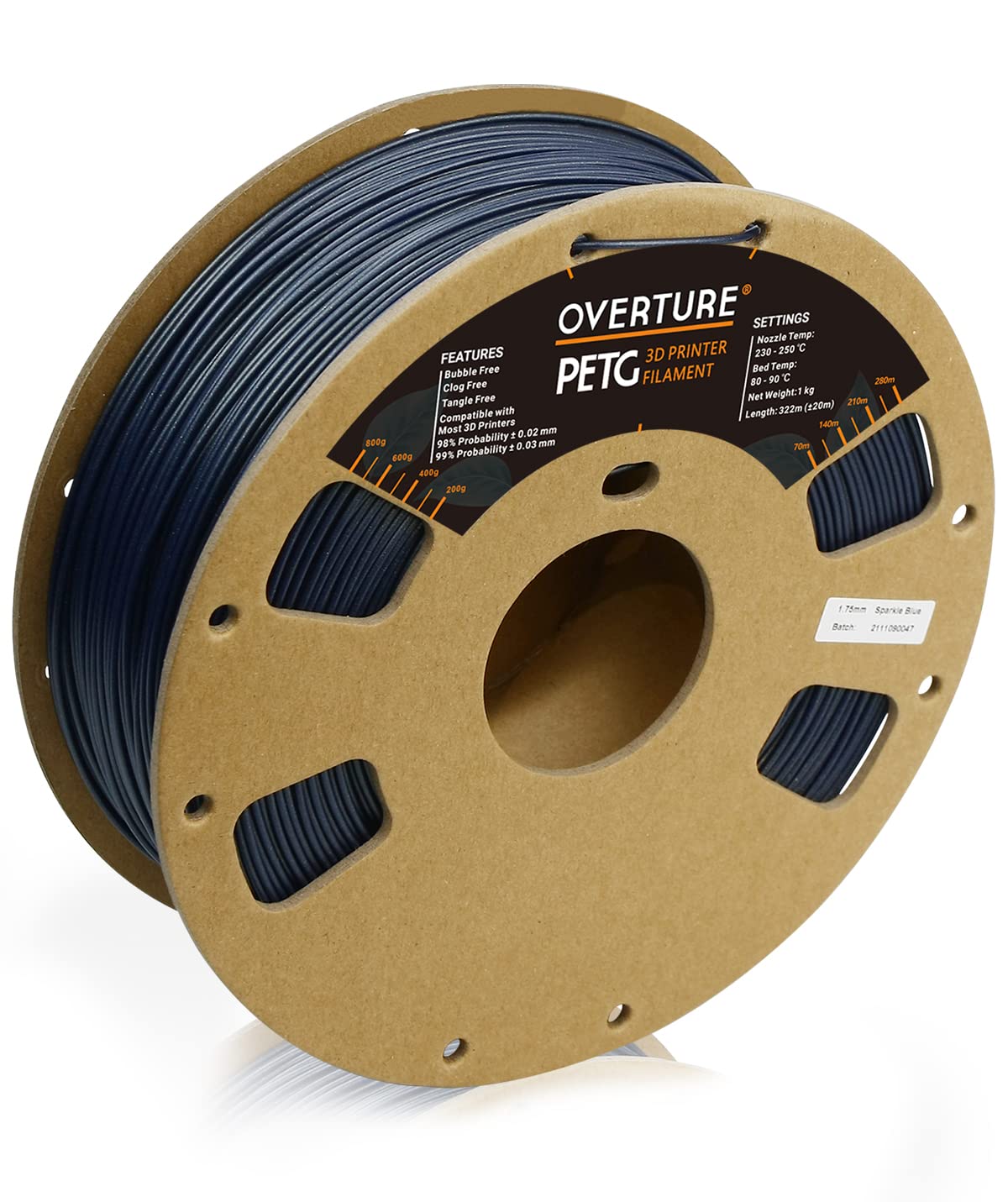 OVERTURE PETG Filament 1.75mm, 3D Printer Filament, 1kg Filament (2.2lbs), Dimensional Accuracy Probability +/- 0.02 mm, Fit Most FDM Printers (Sparkle Blue)