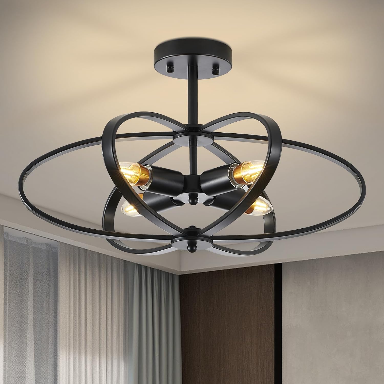 Semi Flush Mount Ceiling Light Chandelier,4-Light Ceiling Lighting Fixture,20" Farmhouse Style Flower Shape Hanging Light Fixtures Ceiling,Black(Bulbs NOT Included)