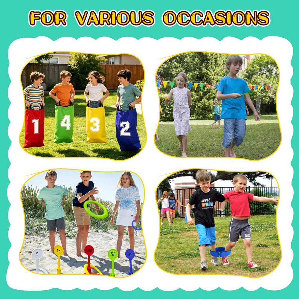 Jeux Exterieur Enfant, 4-in-1 Ensemble de Sports Day Jeux avec Médailles, Course À 3 Pattes, Course en Sac, Course Aux Oeufs, Jeux de Plein Air, pour Anniversaires, Journée Sportive, Kermesse