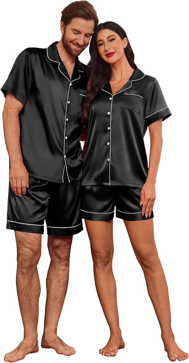 Ekouaer Couple Matching Pajamas Sets Silk Short Sleeve Button Down Sleepwear Satin Pjs Shorts Set Soft Lounge Set S-XXL - Image 2