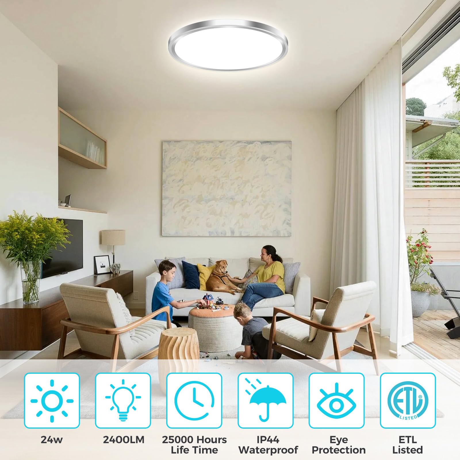 libtit 33CM Flush Mount Ceiling Light, 24W 2400Lm Bright Light Fixture Brushed Nickel - Image 2