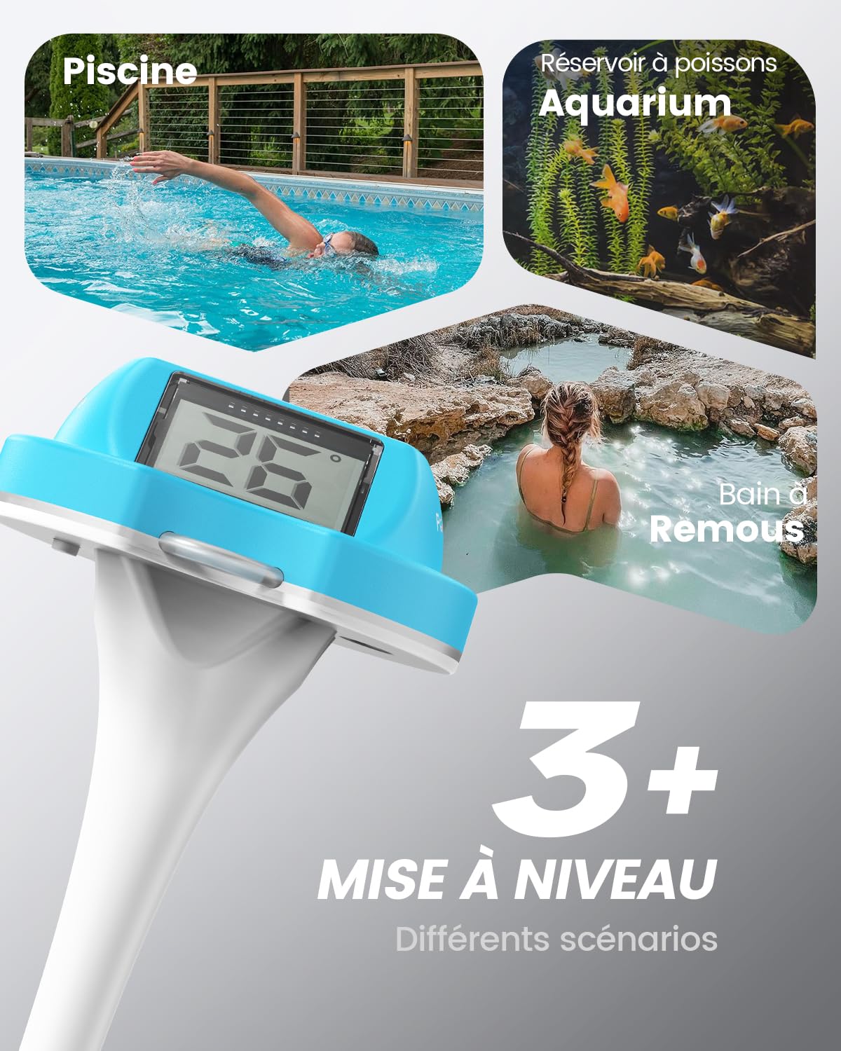 Thermometre Piscine à Double Écran, Lecture Facile, Thermomètre Piscine Flottant avec Affichage Numérique, Étanche IPX7 pour Spas, Bains Froids et Piscines (bleu)