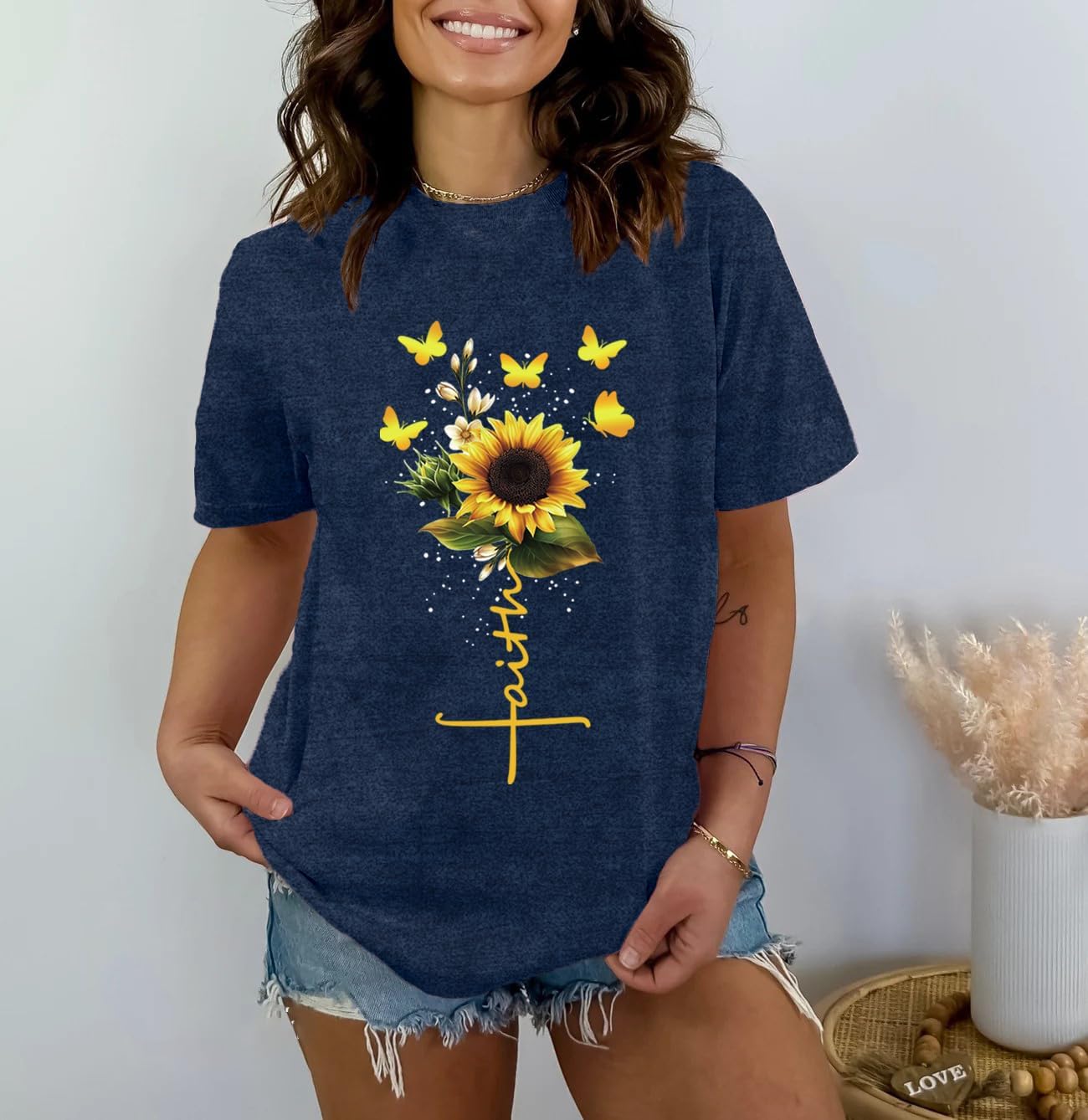 Womens Christian Shirts Faith Cross Sunflower Butterfly T-Shirt Bible Verse Religious Tee Tops - Image 3