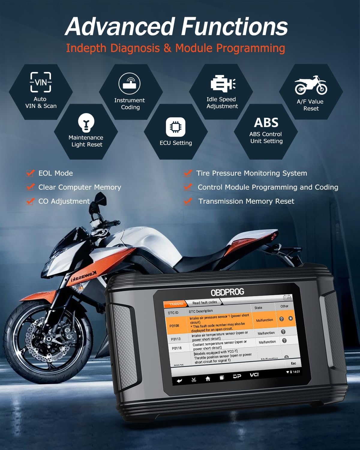 OBDPROG Moto 100 5" Motorcycle Diagnostic Tool, Full-System OBD2 Scanner with Quick Service Resets, Active Text & Advanced Programming, Fits for Harley, Honda, Yamaha, Indian, Polaris, Victory, BRP