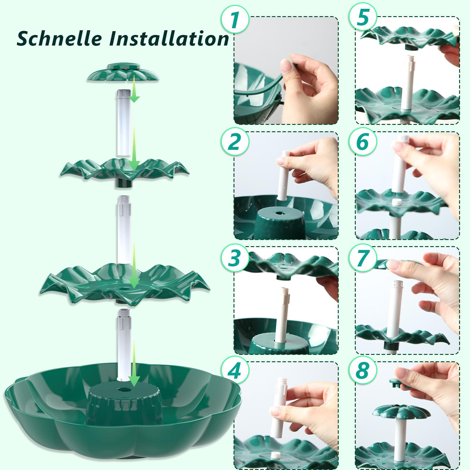 AISITIN DIY Brunnen,Vogeltränke Sets mit 6,5W Solar Springbrunnen mit Akku, 3 Stufige Vogelfütterer für Draußen,Vogelbad und DIY Solarbrunnen Abnehmbar und Geeignet für Garten,DIY Wasserspiel
