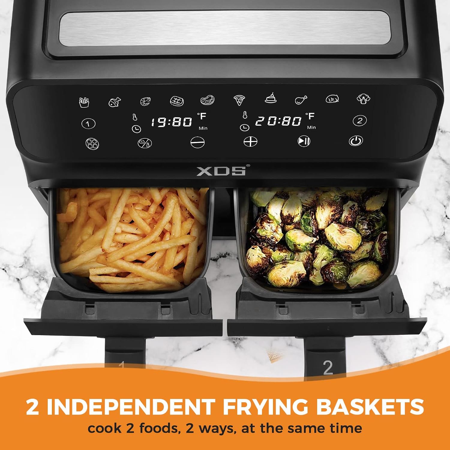 XDS Air Fryer with two independent baskets cooking different foods