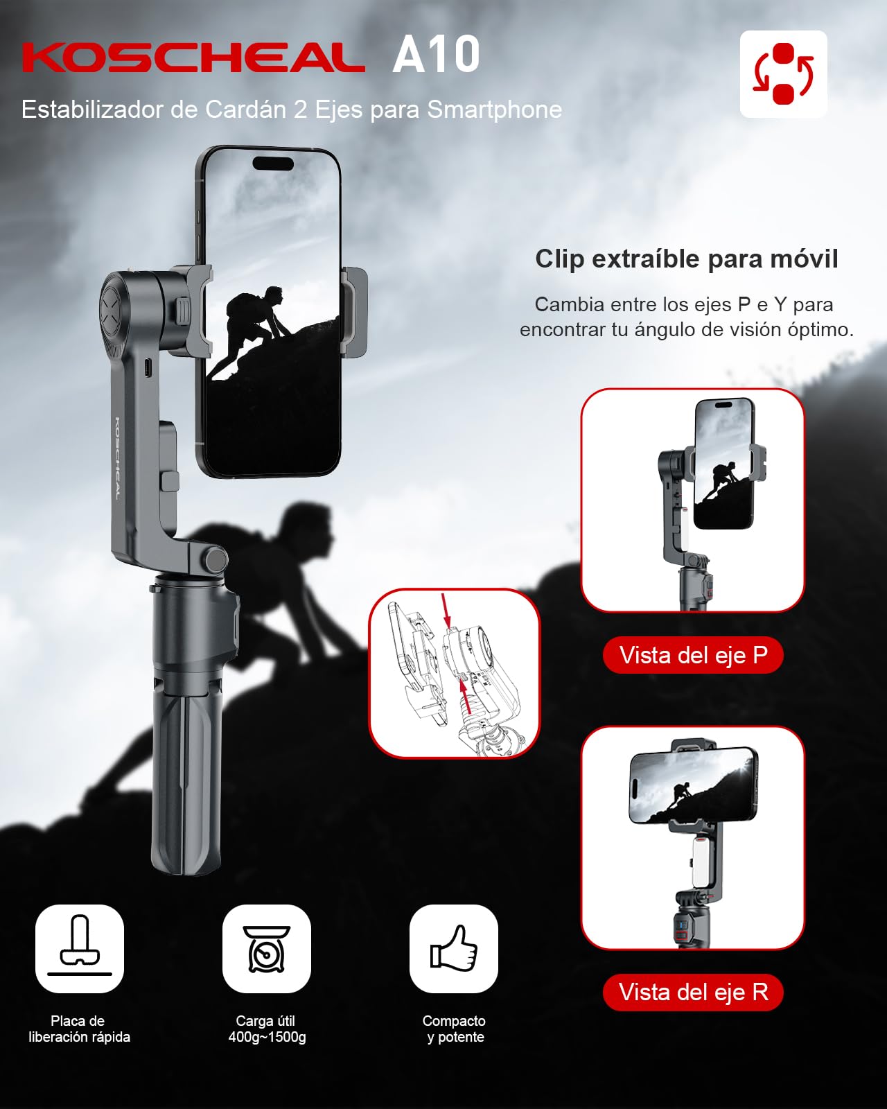KOSCHEAL A10 Estabilizador para Smartphones,2-Axis Estabilizador de Movil con Luz de Relleno y Trípode con Mando Inalámbrico Rotación Automática de 360°Modo de Escena, No App, para videoblogs y TikTok