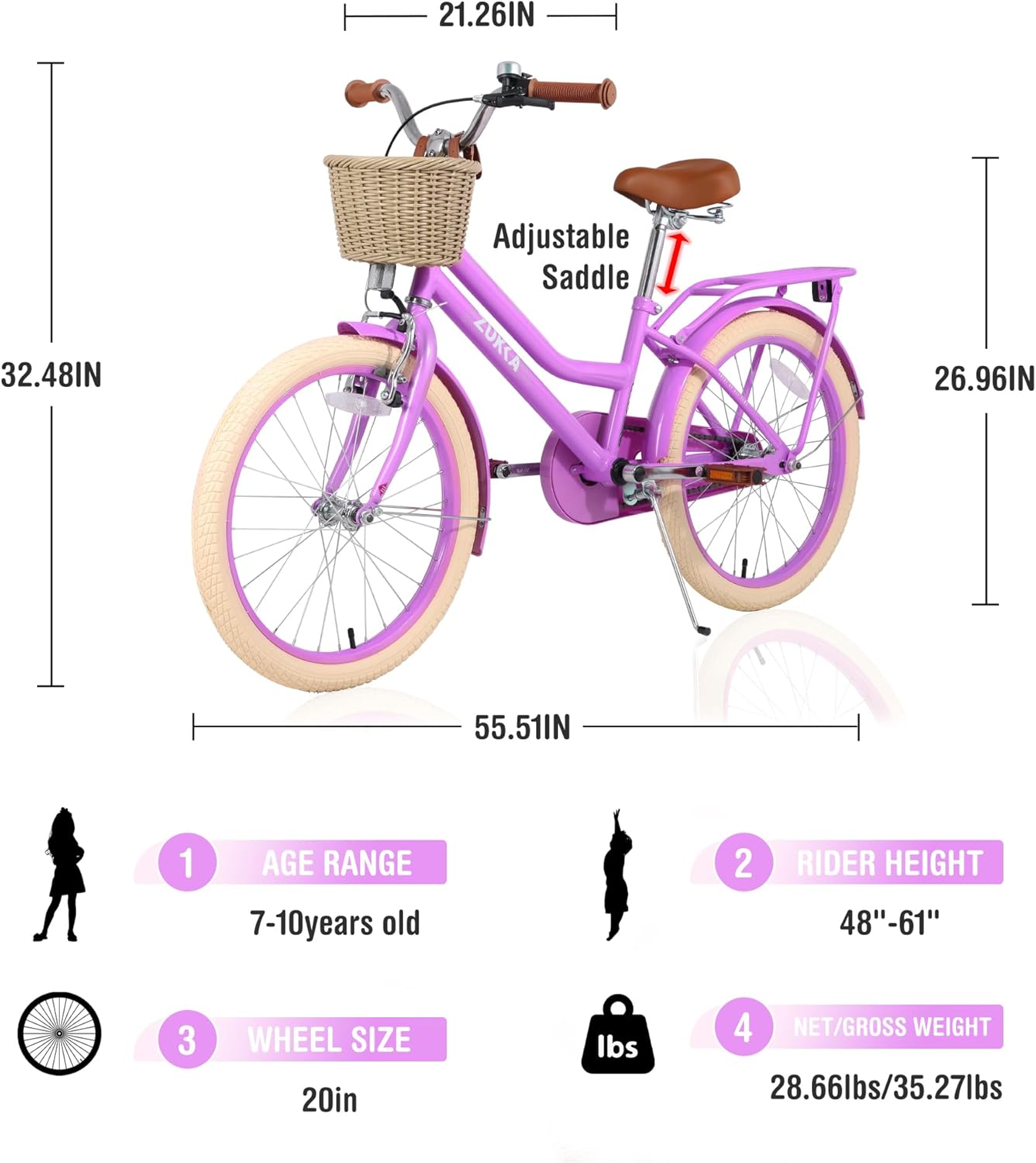 20 Inch Girls Bike Kids Beach Cruiser Bike with Basket and Kickstand, Single Speed Kids Bicycles for 7-10 Years Old Girls Bikes, Steel Frame Bicycle, No Training Wheels Included