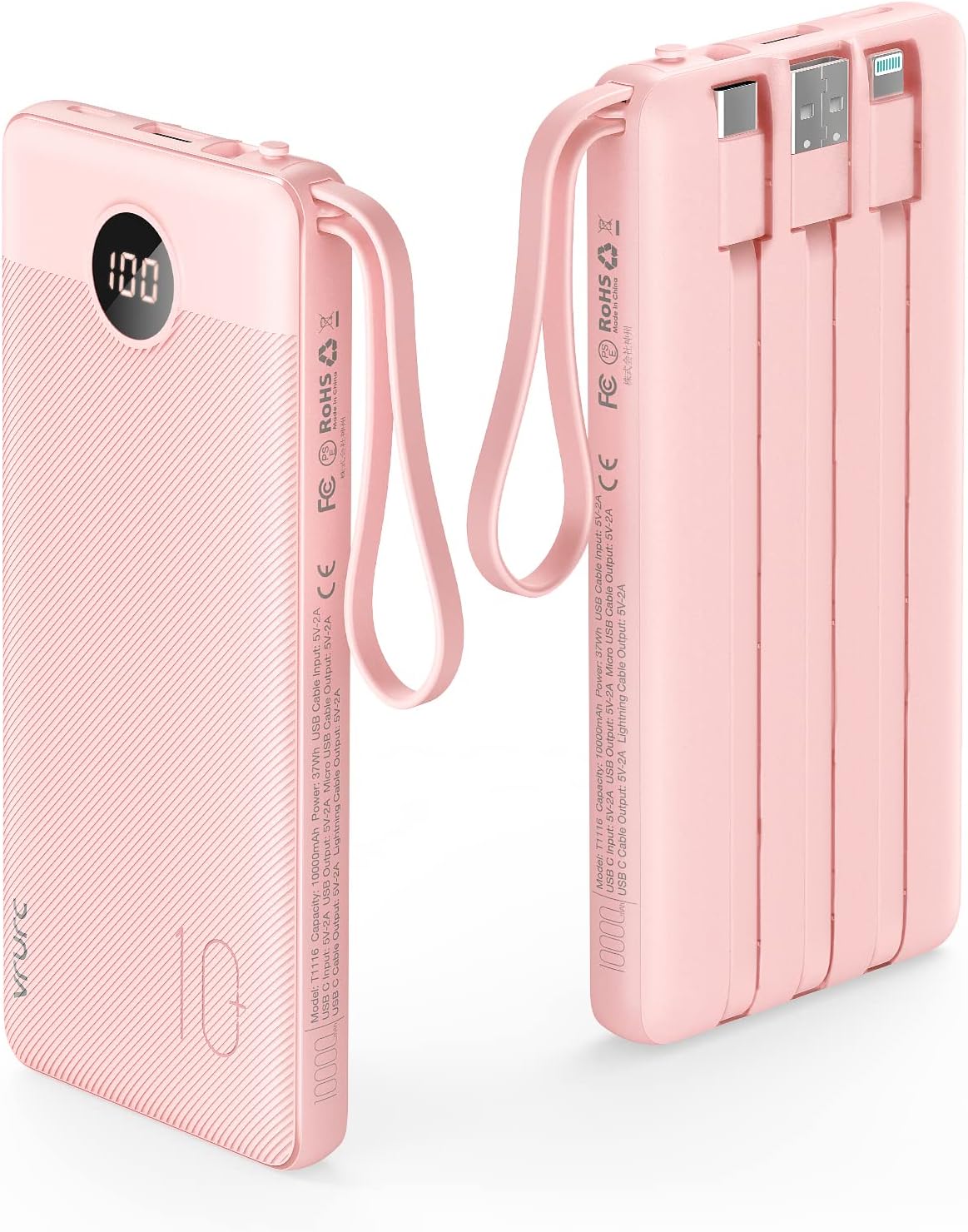 VRURC Portable Charger 10000mAh, Slim LED Display Power Bank, 5 10000mAh Pink