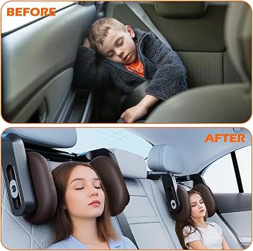 Car Headrest Pillow for Car Seat, Adjustable Rotating Car Sleeping Pillow with Ergonomic Head and Neck Support for Adults and Kids, Detachable Travel Car Pillow for Comfortable Rest (Curry Brown)