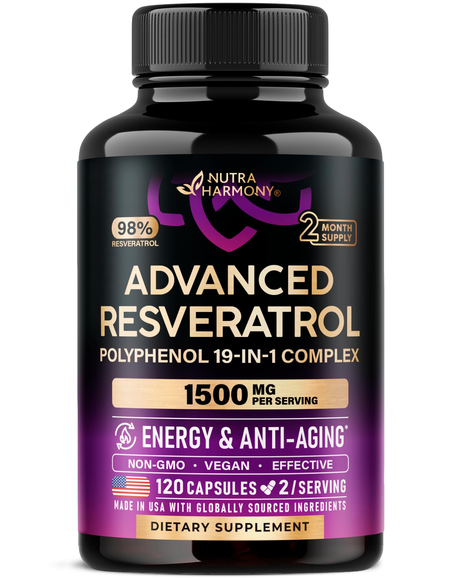 Resveratrol Supplement - 19-in-1 Organic Polyphenol Complex - Noni Extract | Berberine | Quercetin | Apple Cider Vinegar | Acai - Made in USA - Antioxidant & Heart Health Support - 120 Capsu