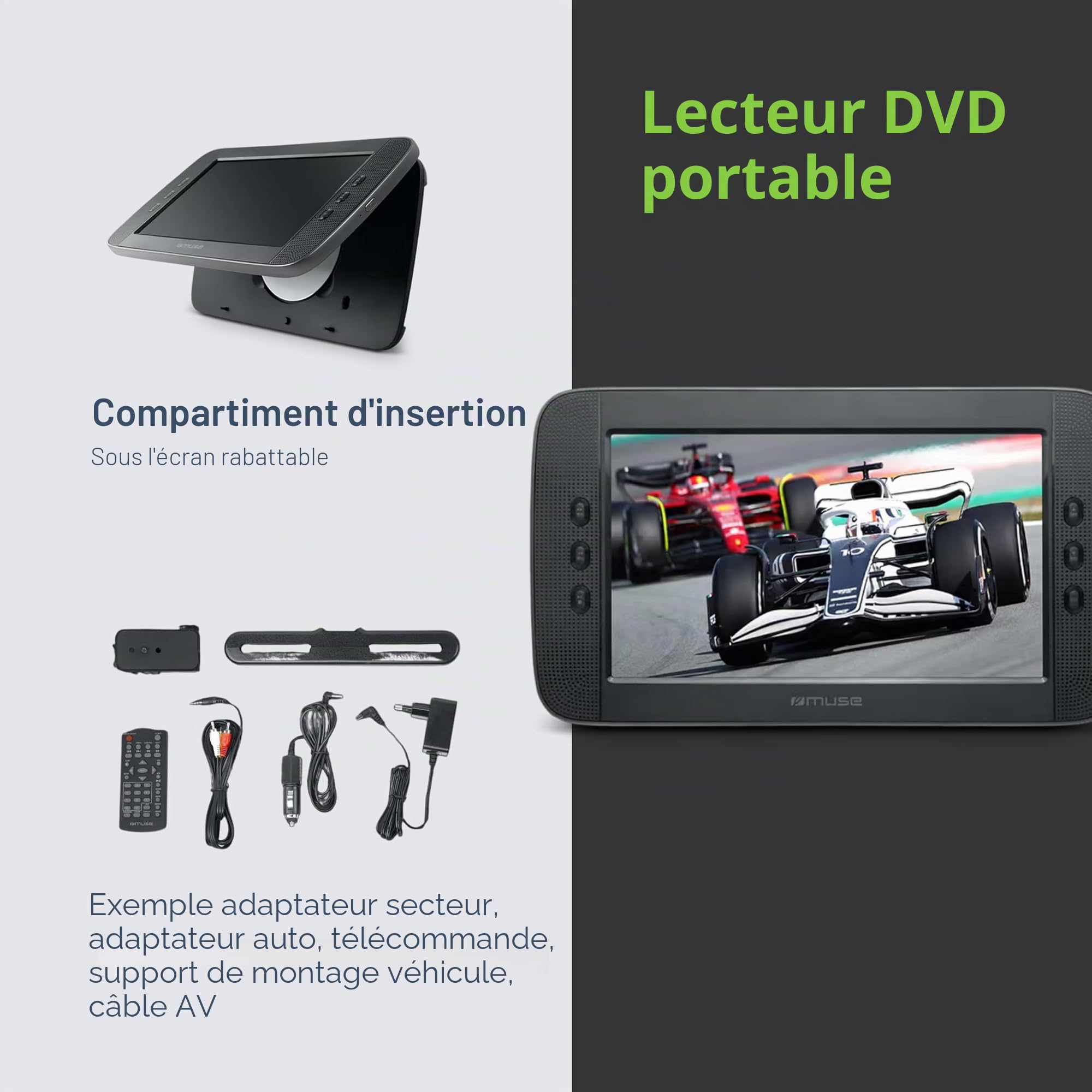 Muse M-1028CVB Lecteur DVD Portable à Grand écran, Prend en Charge DVD, DVD-R/RW, CD, CD-R/RW. Compatible avec MP3, JPEG et Xvid. Écran TFT LCD de 10,1" avec contrôle de la luminosité.