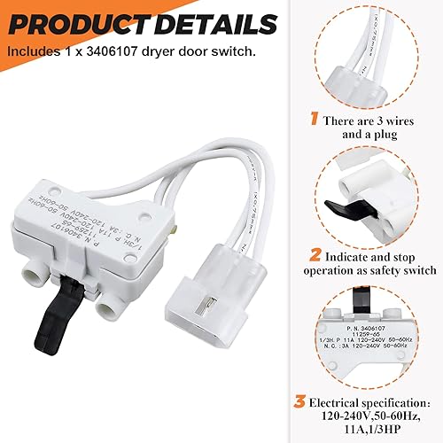 Miniatura 2 de Beaquicy WP3406107 3406107 - Interruptor para puerta de secadora de Beaquicy – Reemplazo para Whirlpool, Ken-More, Roper, Amana, Crosley Dryer –