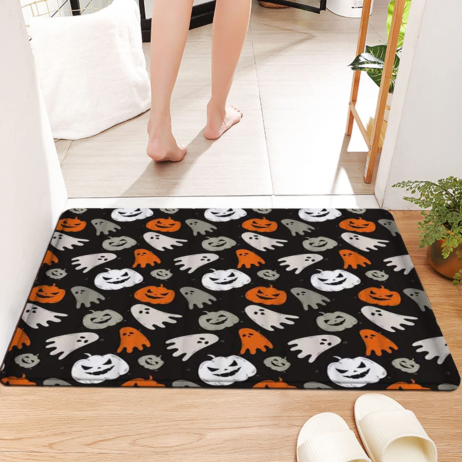 Tapis De Bain Absorbant Halloween 40x60cm - Dos Antidérapant TPR, Lavable Machine - Design Citrouille, Fantôme - 10