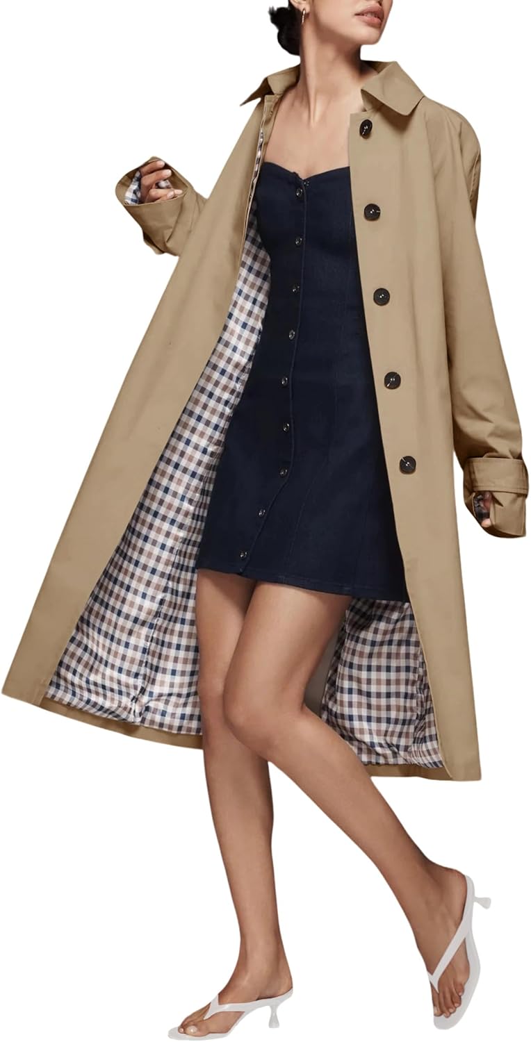 Fnortc Windproof Women's Long Single Breasted Trench Coat Oversized Style with Checkered Lining All-Season Fashion Outerwear