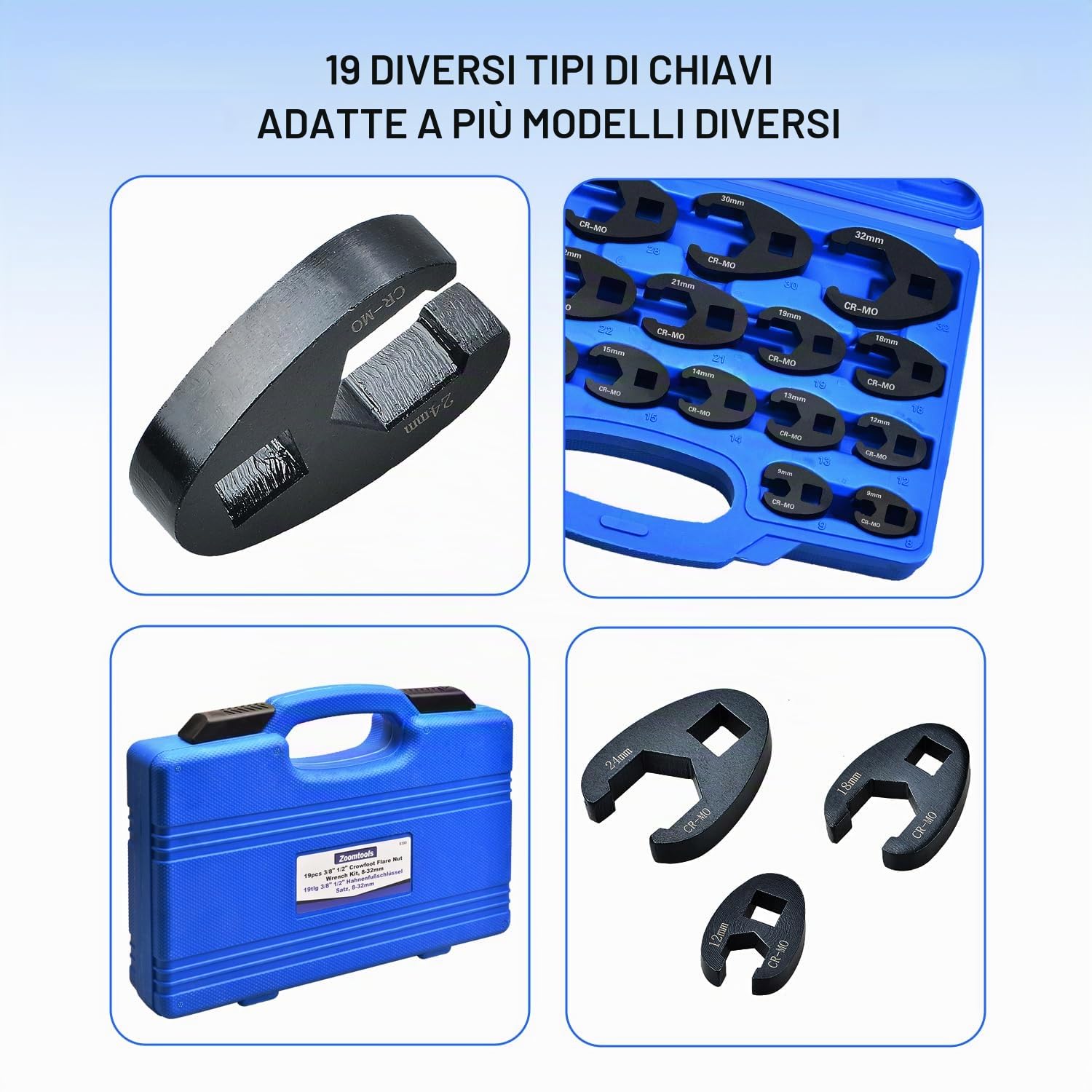 Set Chiavi a Piede di Porco (Crowfoot) 8-32mm Kit Chiavi a Bussola Aperte in Cr-Mo, per Spazi Ristretti, Auto e Moto, 3/8" e 1/2"