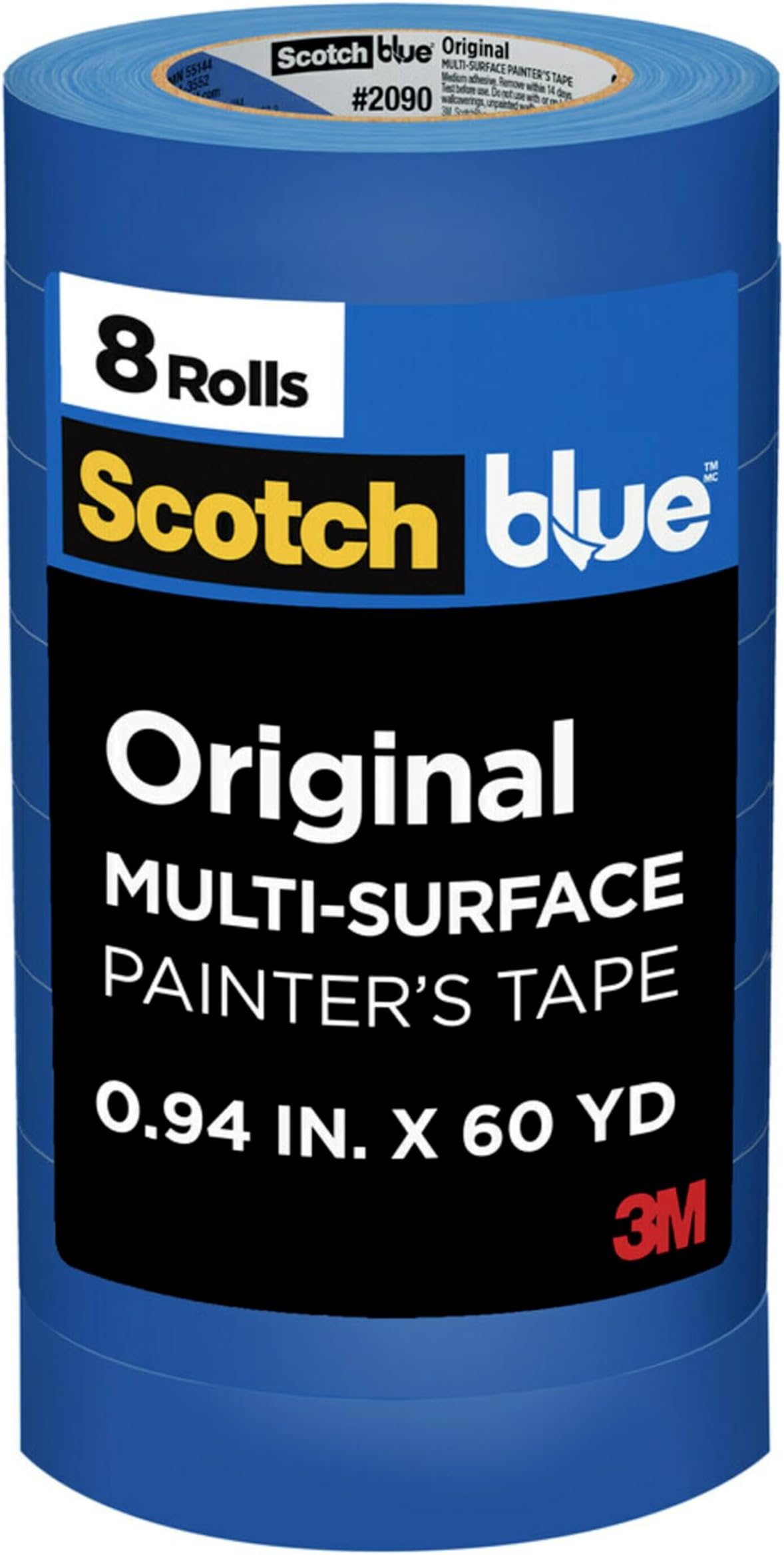 Painter's Tape, 0.94" Width x 60 Yards, 8 Rolls, Blue, Multi-Surface, Indoor/Outdoor, 45% Renewable Resources, No Residue, DIY, Glass, Wood, 0.94 inches, Made in USA or Imported