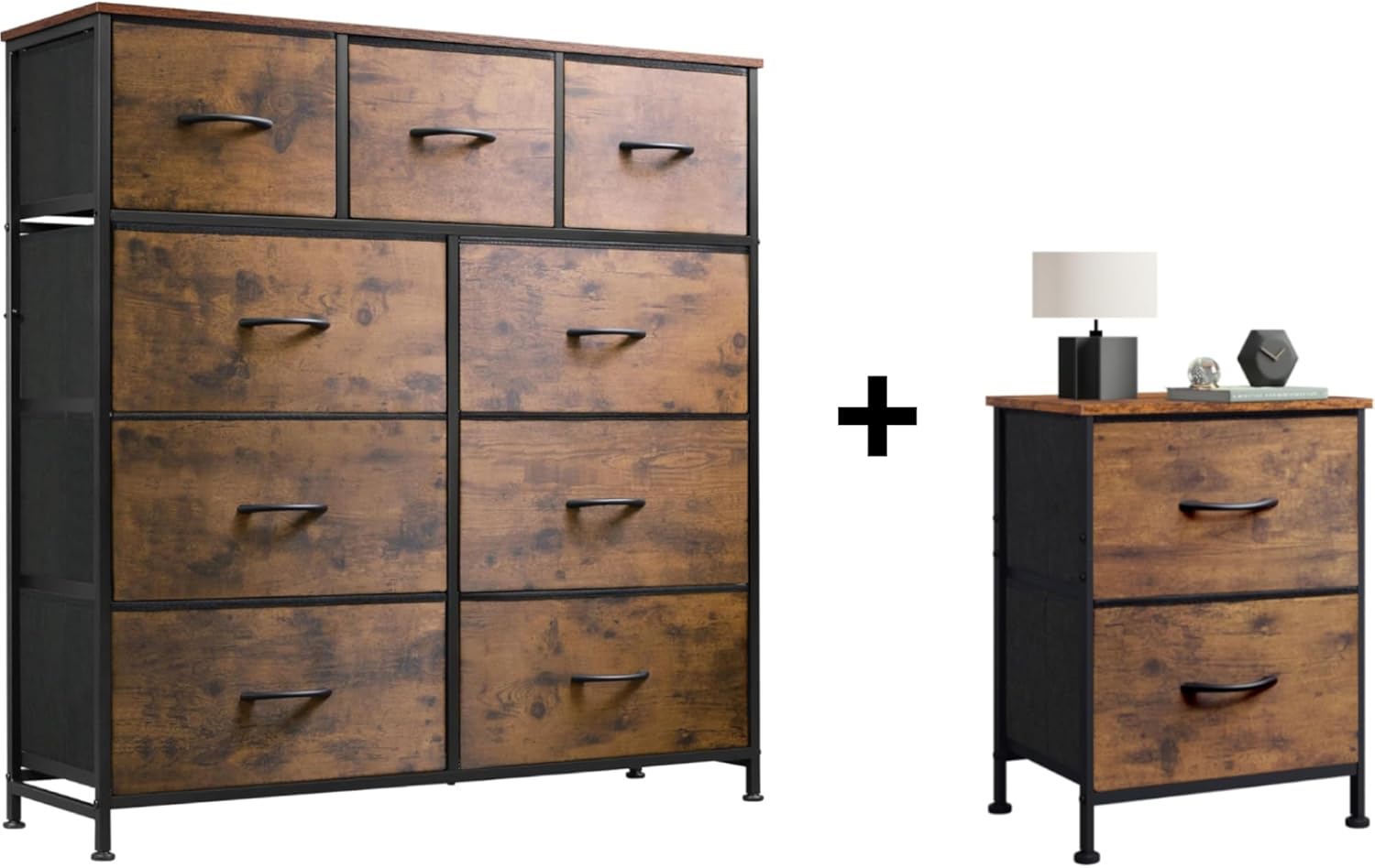 WLIVE 9-Drawer Dresser & Nightstand with 2 Fabric Drawers, Fabric Storage Wood Top, Easy Pull Handle, Rustic Brown