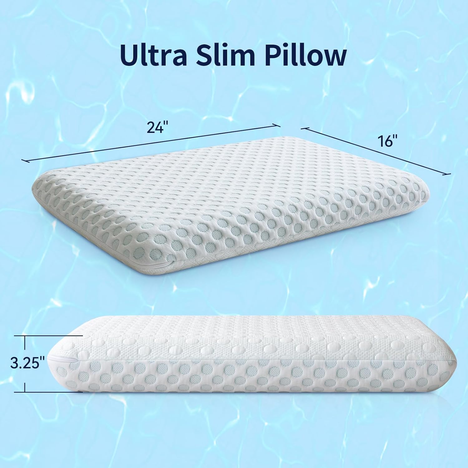 Vipbear Ultra Thin Pillow 3.25" – Slim Pillows for Stomach, Side & Back Sleepers, Gel Infused Memory Foam with Dual-Sided Cooling, CertiPUR-US Certified, Standard Size