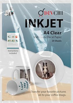 DIVCHI Water Slide Decal Paper A4 Size Inkjet Printer Decals Sheet Waterslide Transfer Papers 20 Sheets Clear