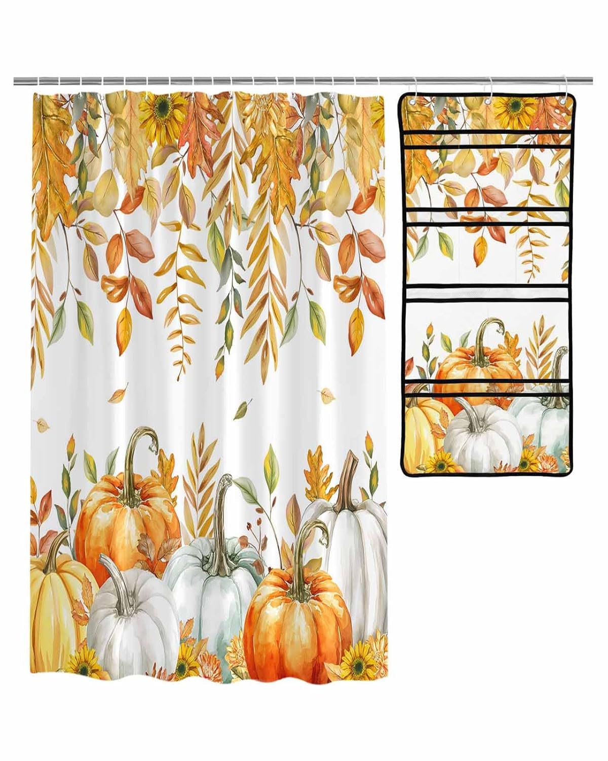 Decorative Shower Curtain Sets Fall Polyester Fabric Waterproof Bath Shower Curtains Vintage Autumn Pumpkin Sunflowers Leaf White Mesh